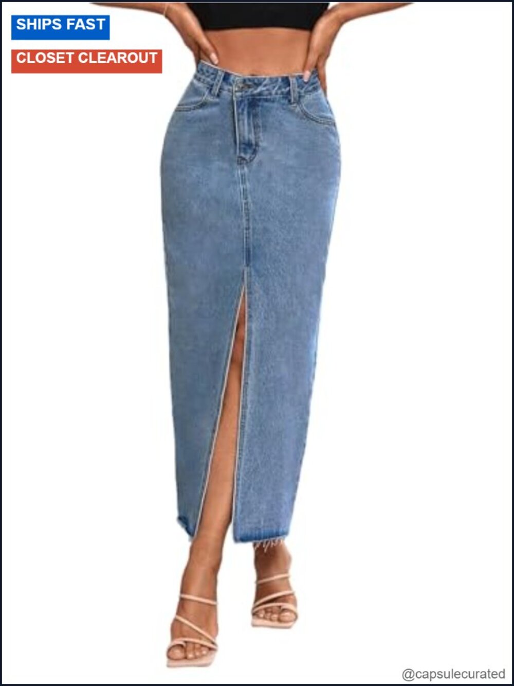 High Rise Stretch Maxi Denim Skirt with Front Split and Raw Hem